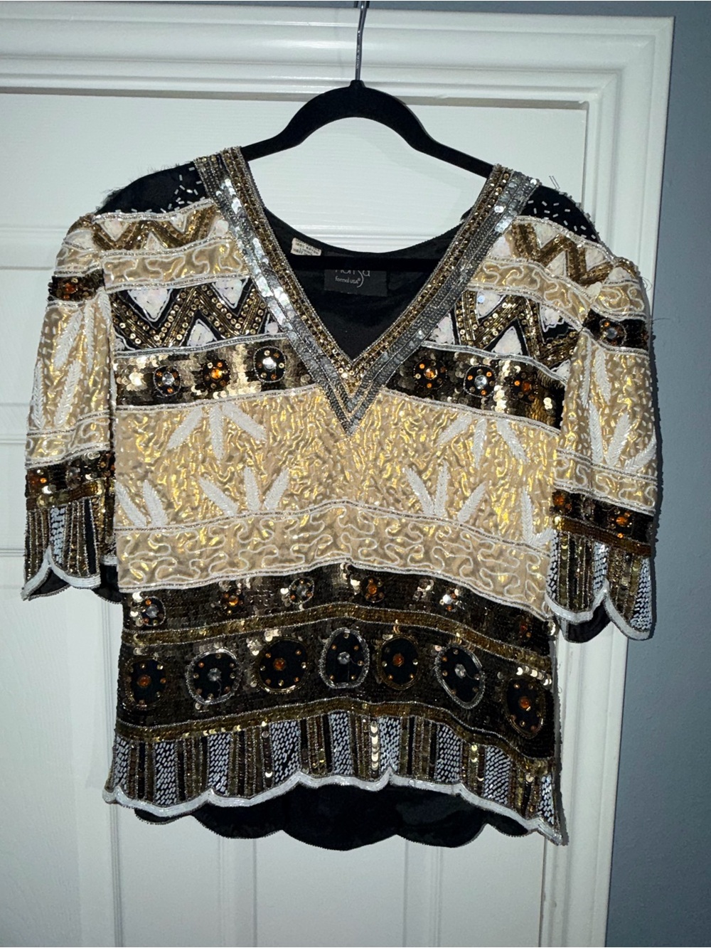 Beaded V-Neck Evening Blouse in Gold and Black